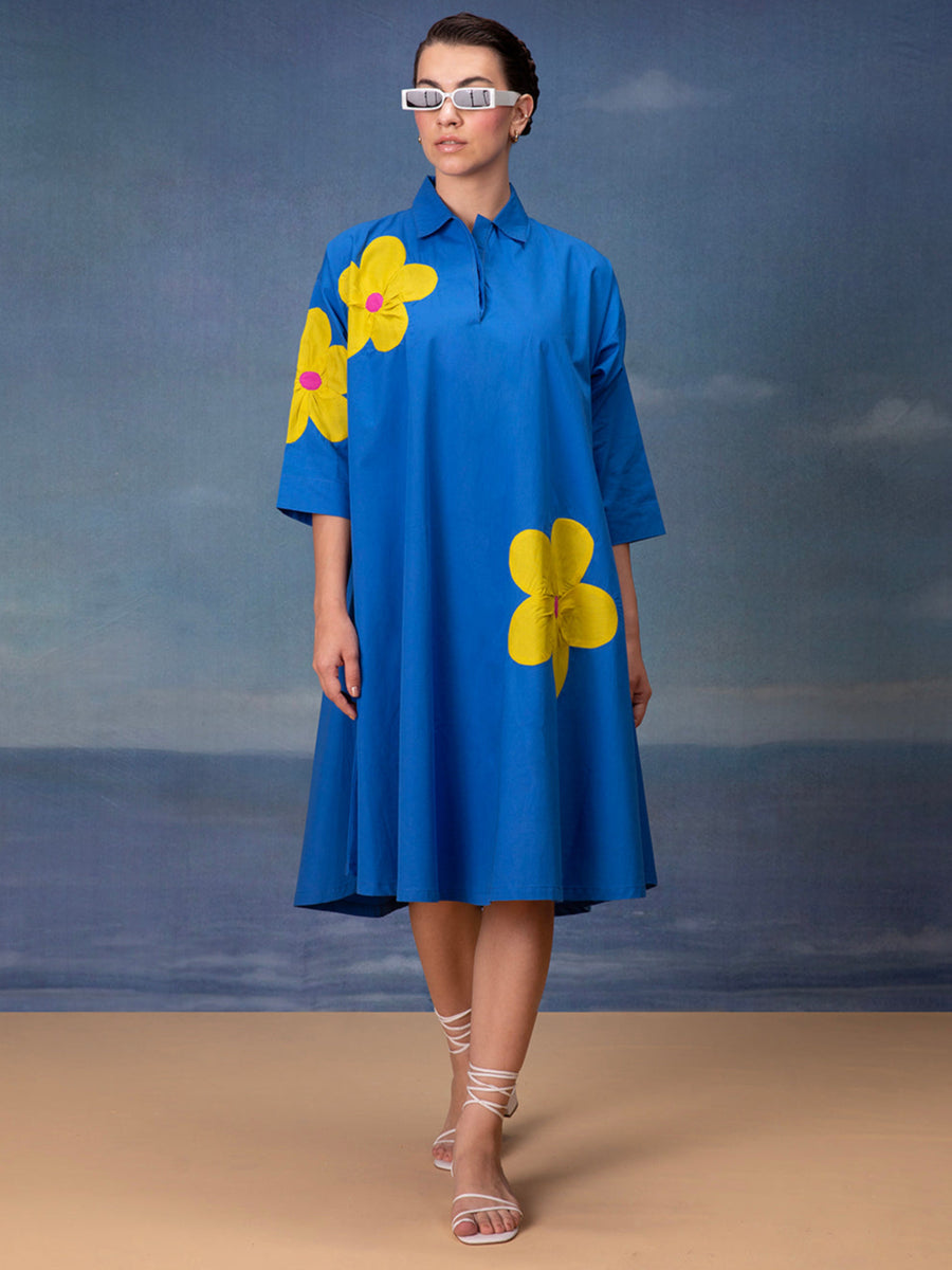 Blue Midi Dress With Yellow Floral Patch – Bannoswagger