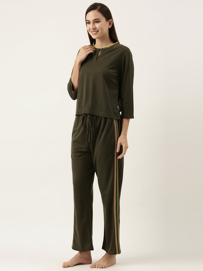3D Textures Olive Green & Bahama Strips Short Tee and Lounge Pants Set