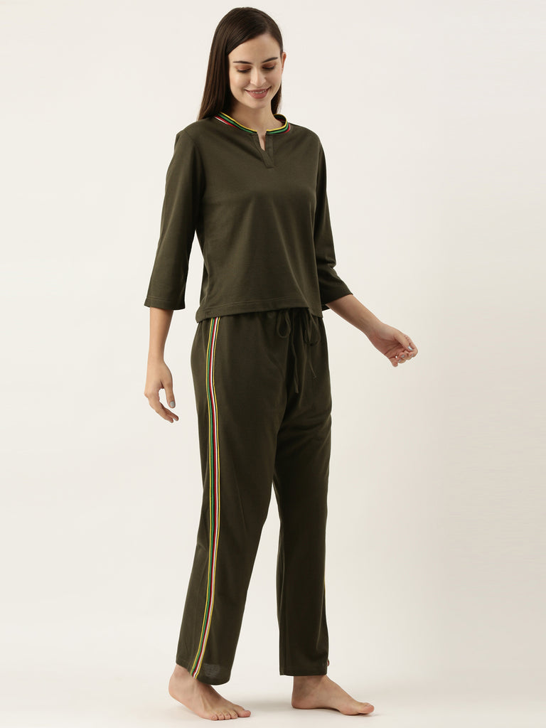3D Textures Olive Green & Bahama Strips Short Tee and Lounge Pants Set