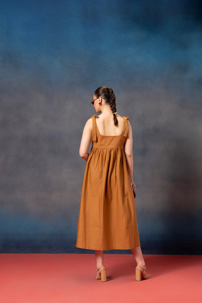 sleevless mustard yellow knee length midi dress for women 