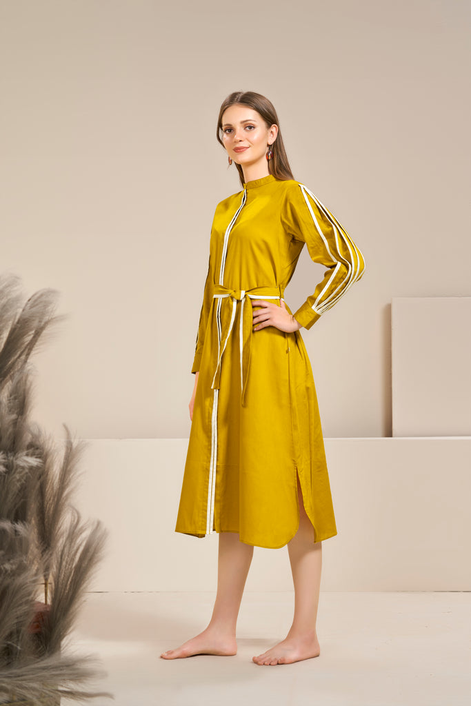 Woman Mustard Pleated Sleeve Shirt Dress-Western Coords-Bannoswagger