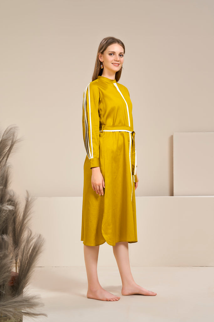 Woman Mustard Pleated Sleeve Shirt Dress-Western Coords-Bannoswagger