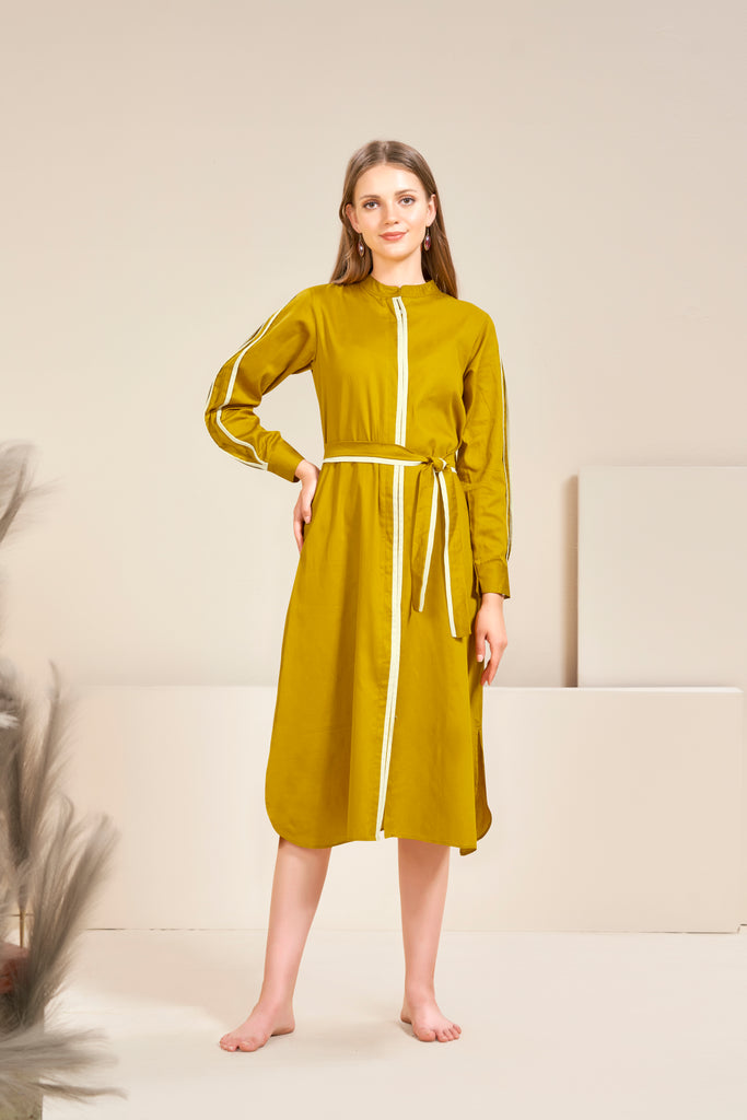 Woman Mustard Pleated Sleeve Shirt Dress-Western Coords-Bannoswagger