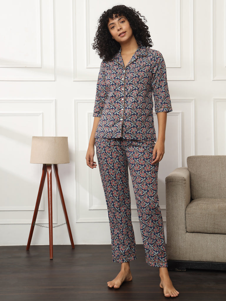 Cotton Printed Indigo Bliss Lounge Set-Cotton Sets-Bannoswagger