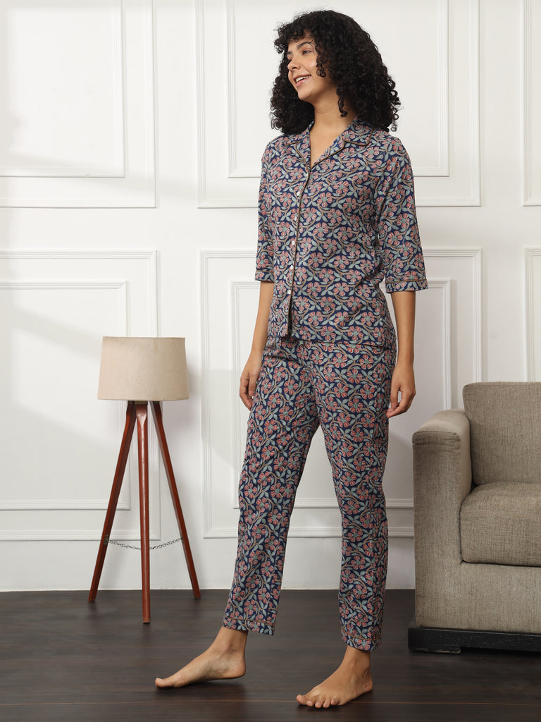 Cotton Printed Indigo Bliss Lounge Set-Cotton Sets-Bannoswagger