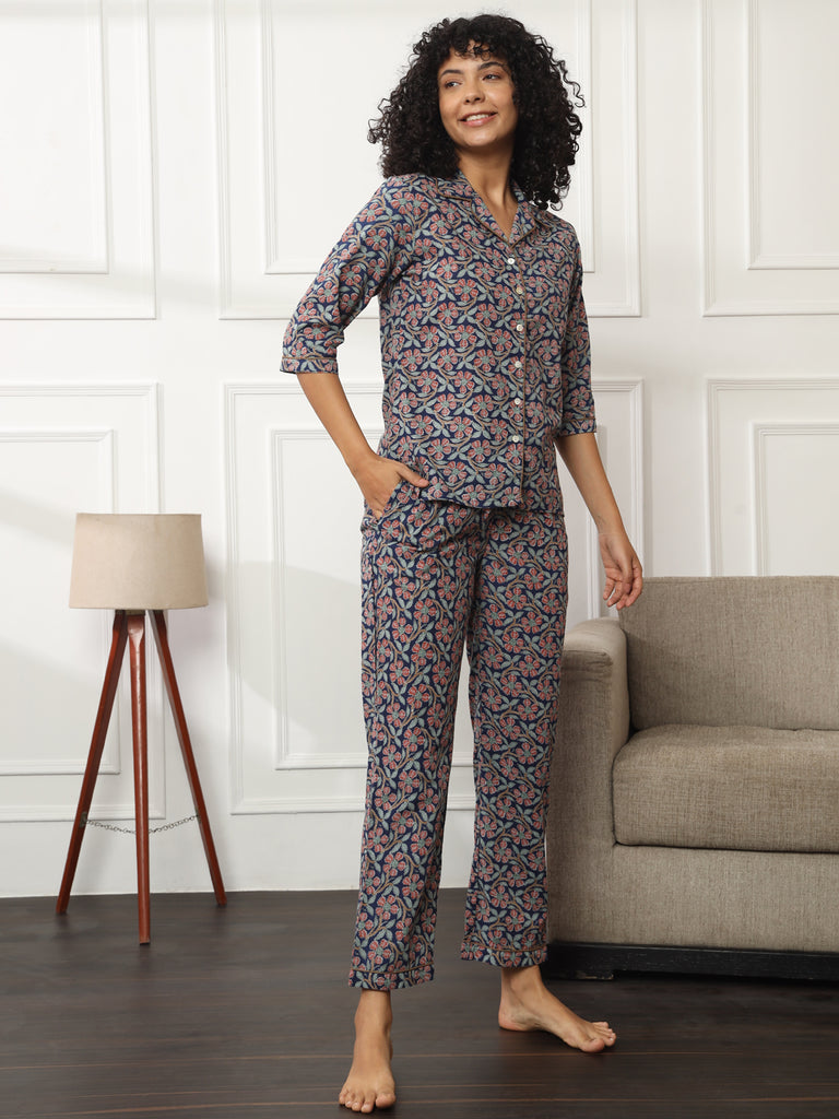 Cotton Printed Indigo Bliss Lounge Set-Cotton Sets-Bannoswagger