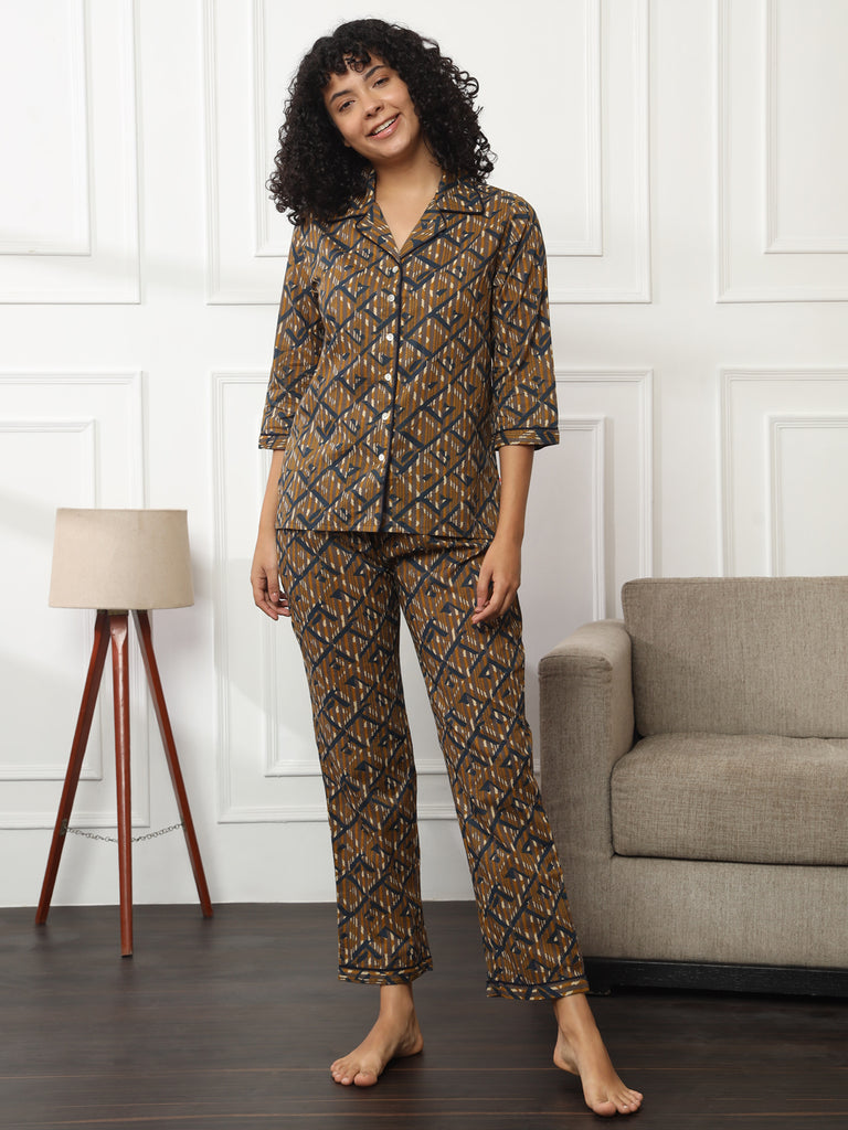 Cotton Printed Teal Blue Lounge Set-Cotton Sets-Bannoswagger