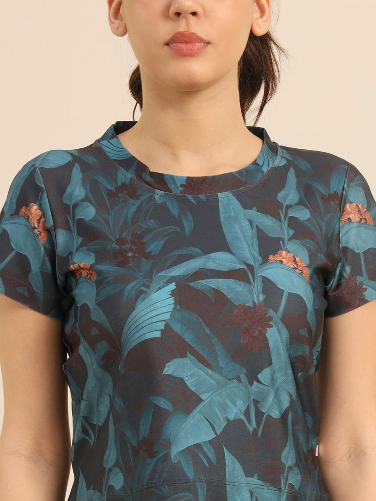 Black Crop Top with Teal Flowers and Orange Touches Active Coords-ACTIVE CO-ORD-Bannoswagger
