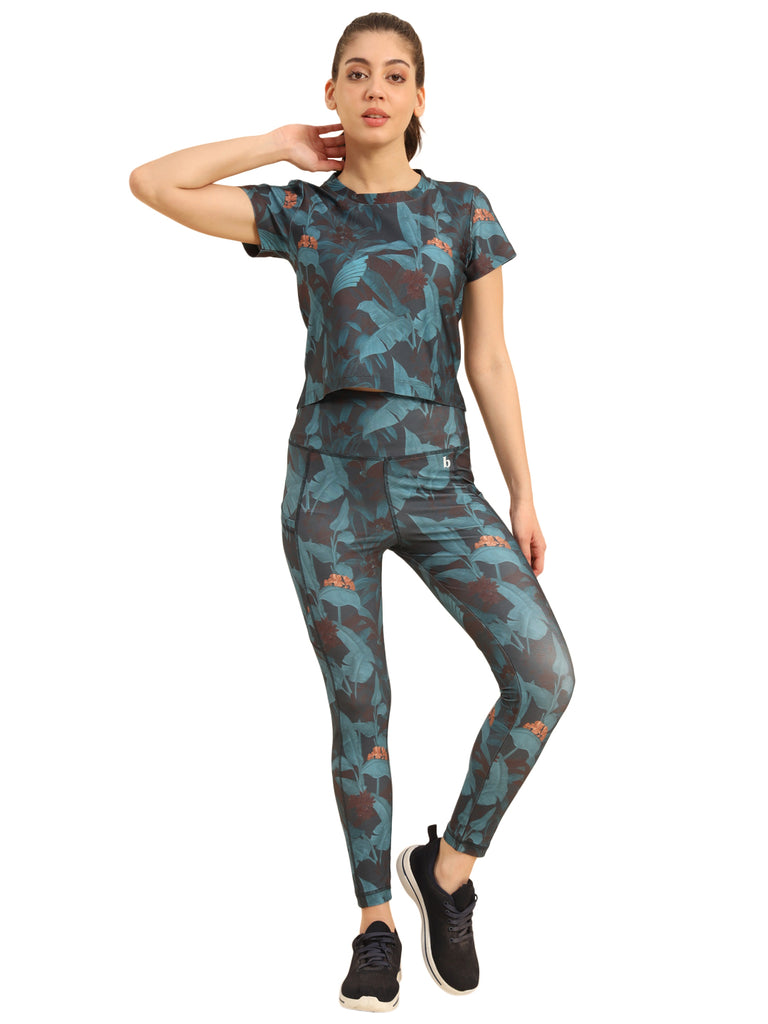 Black Crop Top with Teal Flowers and Orange Touches Active Coords-ACTIVE CO-ORD-Bannoswagger