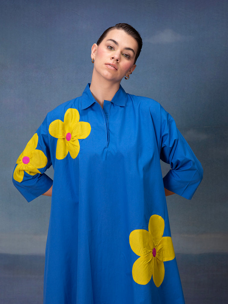 Sunny Blue Midi Dress With Yellow Flowers-Poplin 2-Bannoswagger