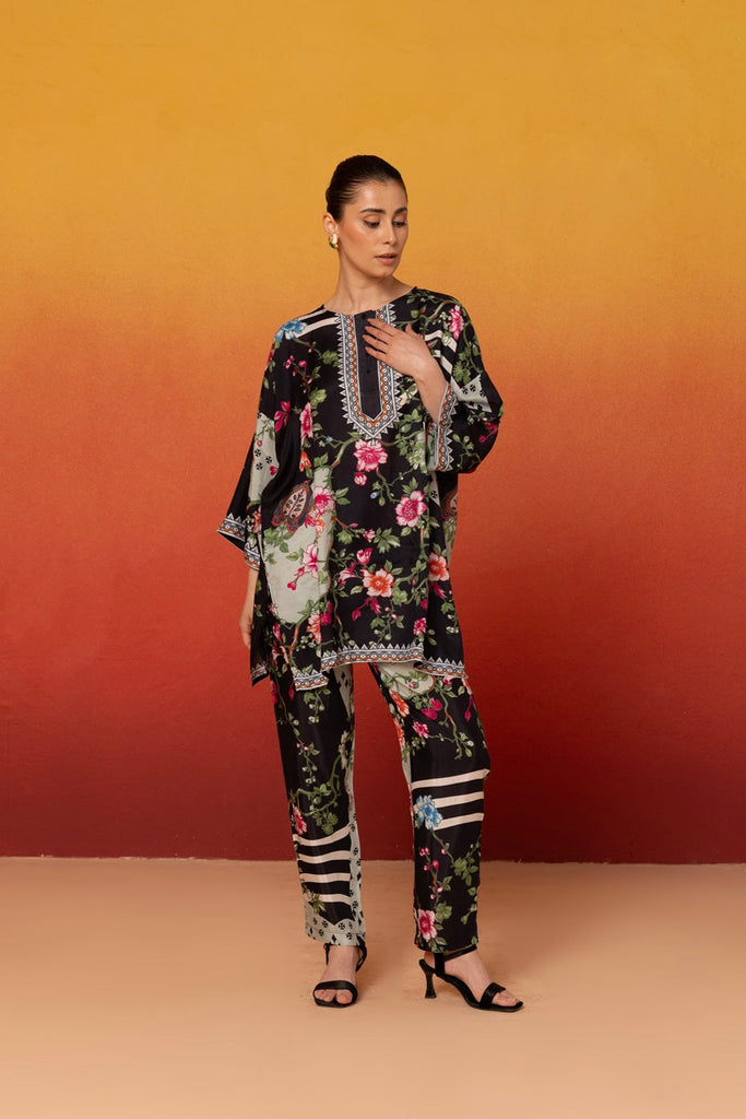 Black Color Floral Muslin Co-ord Set