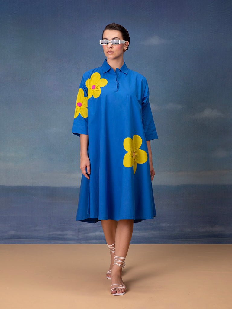 Blue Color Midi Dress with Collared Neck and Yellow Floral Patch