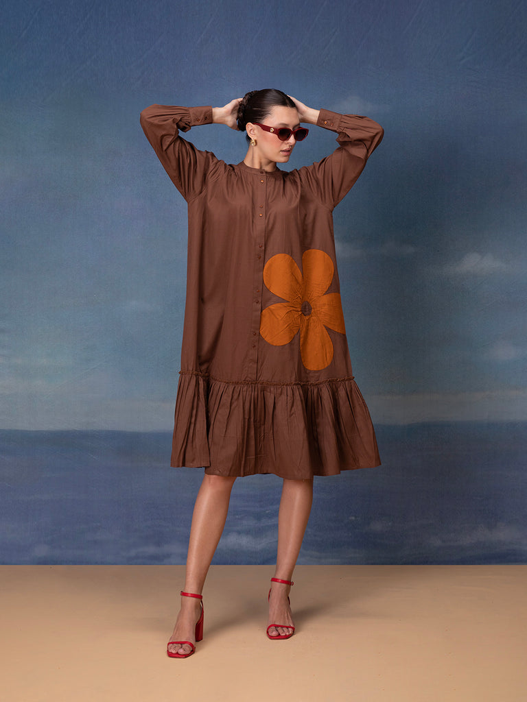 Brown Cotton Midi Dress with Floral Patch, Collared Neck, Full Sleeves and Frill Style