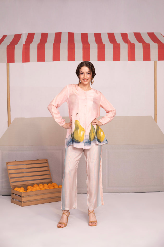 Light pink color fruit print coord sets for women 