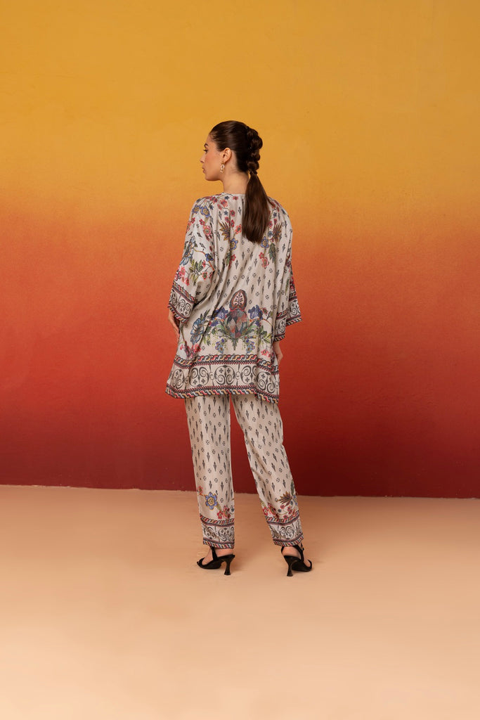 Light grey Co-ord Set with multi color floral print and geometric patterns, consisting of a top and pants
