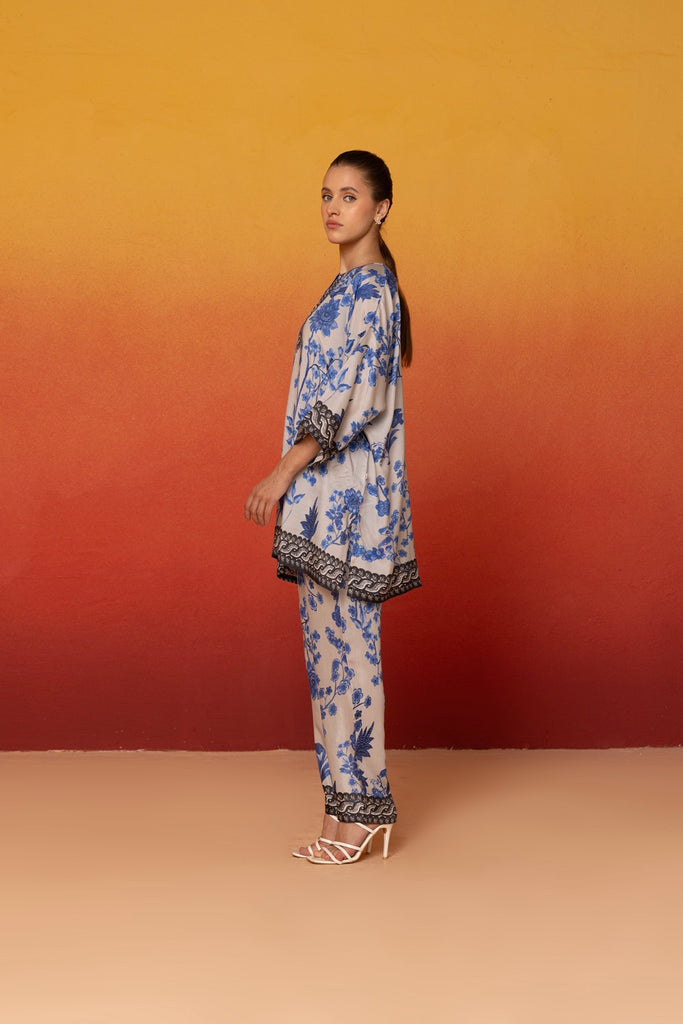 Navy Blue floral print Muslin Co-ord Set with round neck top and matching pants