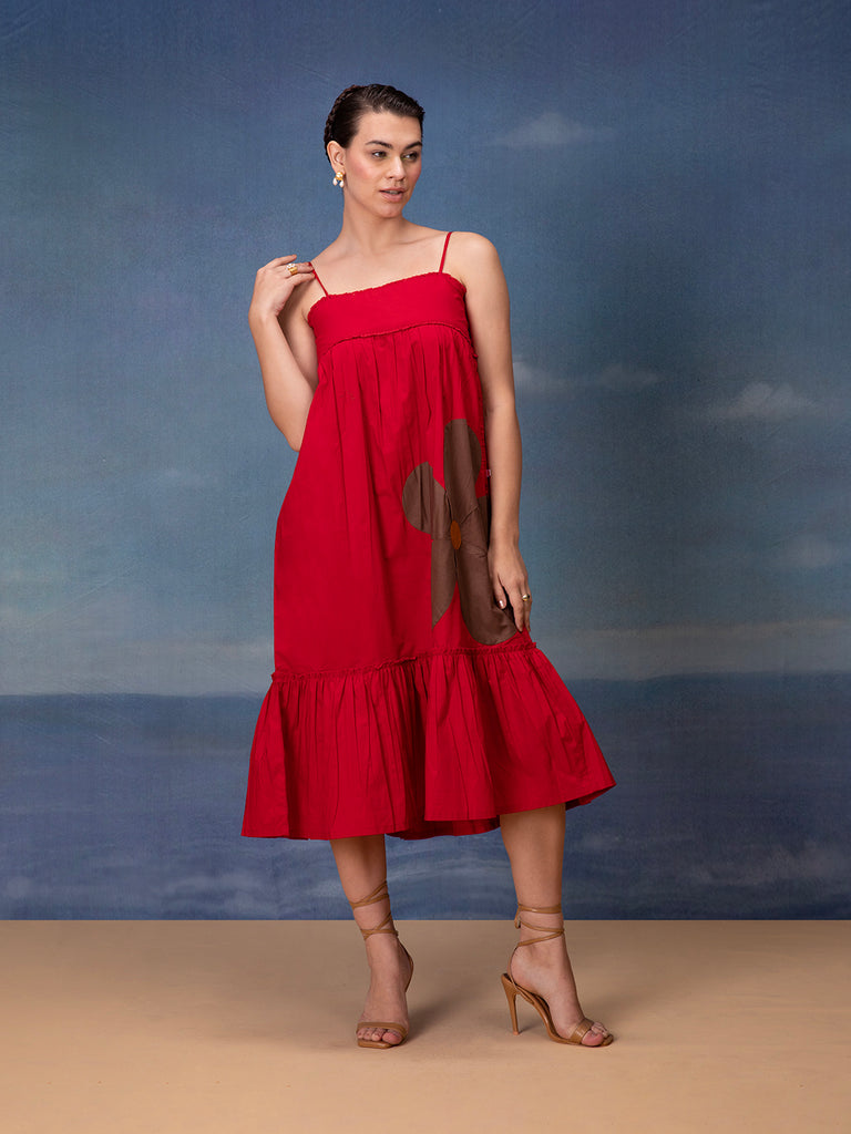 Red Color Midi Dress with Flower Patch , Square Neck and Frill Design