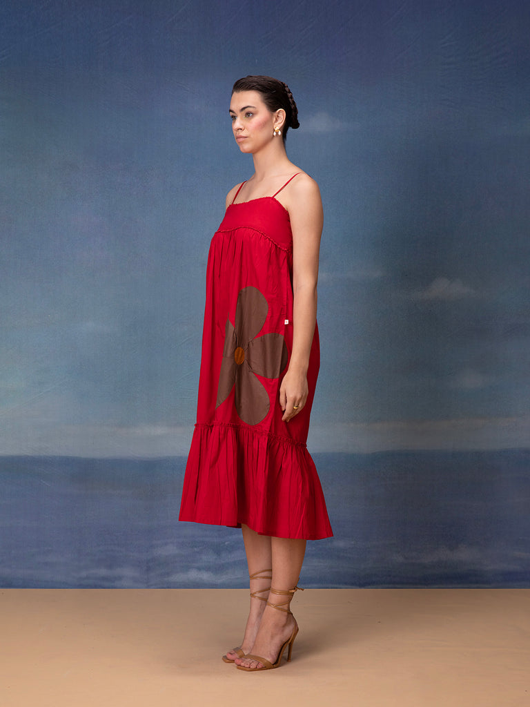 Red Color Midi Dress with Flower Patch , Square Neck and Frill Design