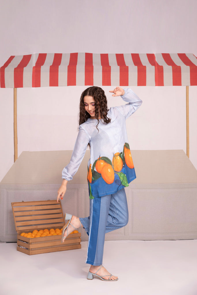 Sky Blue Color Mango Fruit Print Co-ord Set 