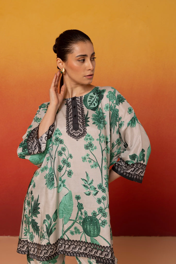 White and Green floral Muslin Co-ord Set