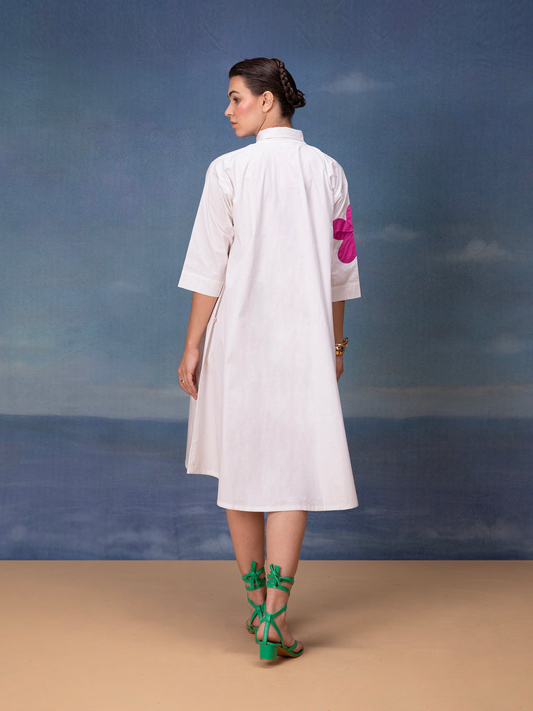 back look of white midi dress with pink floral patchwork