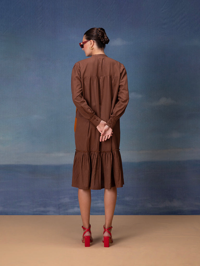 back look of brown Midi Dress for women with Floral Patch