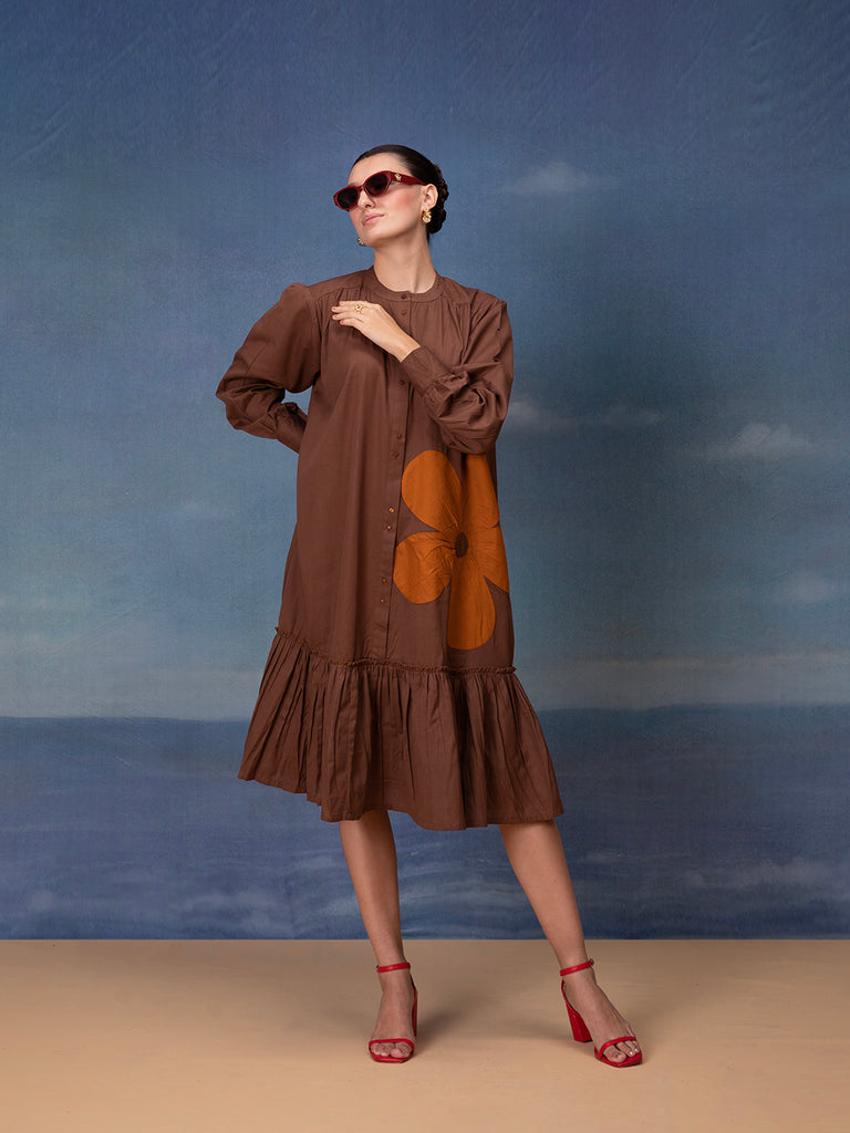brown Midi Dress for women with Floral Patch, Collared Neck, Full Sleeves and Frill Style