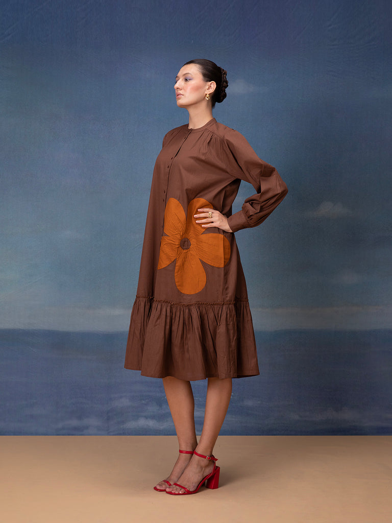 brown Midi Dress for women with Floral Patch