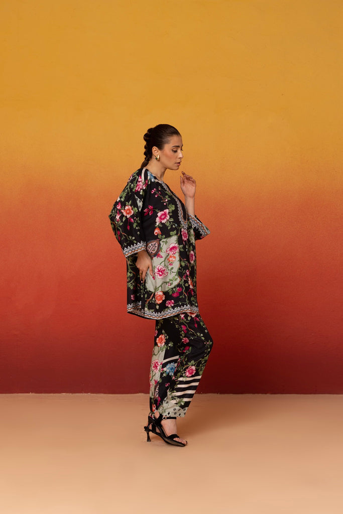 floral muslin co-ord set in black color consisting of round neck top and matching pants