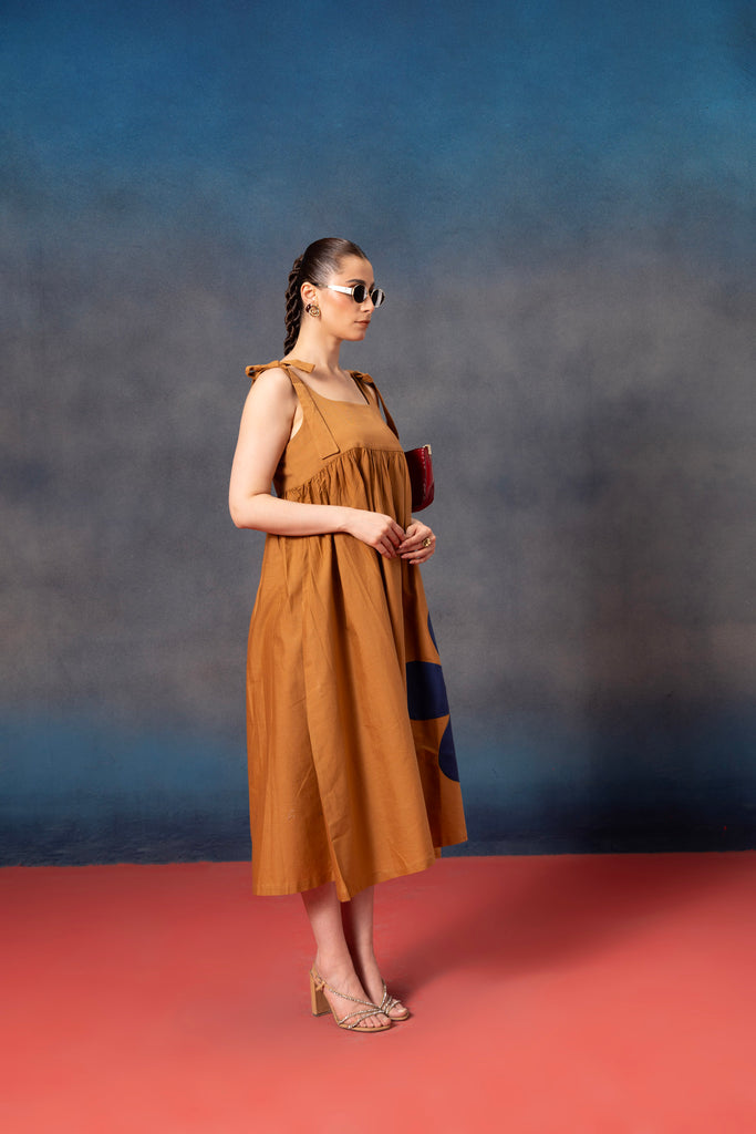 sleevless mustard yellow knee length midi dress for women 