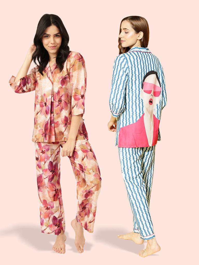 Beige & Pink Floral + Boss Lady Blue Pj (Combo)-Combo Set-Bannoswagger