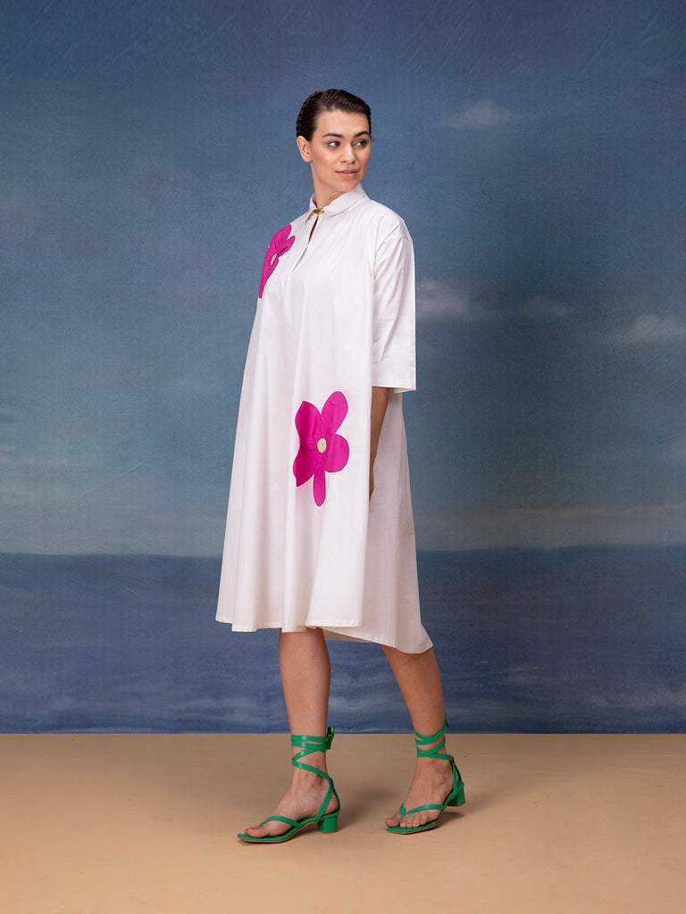 side look of white midi dress for women with pink floral patchwork