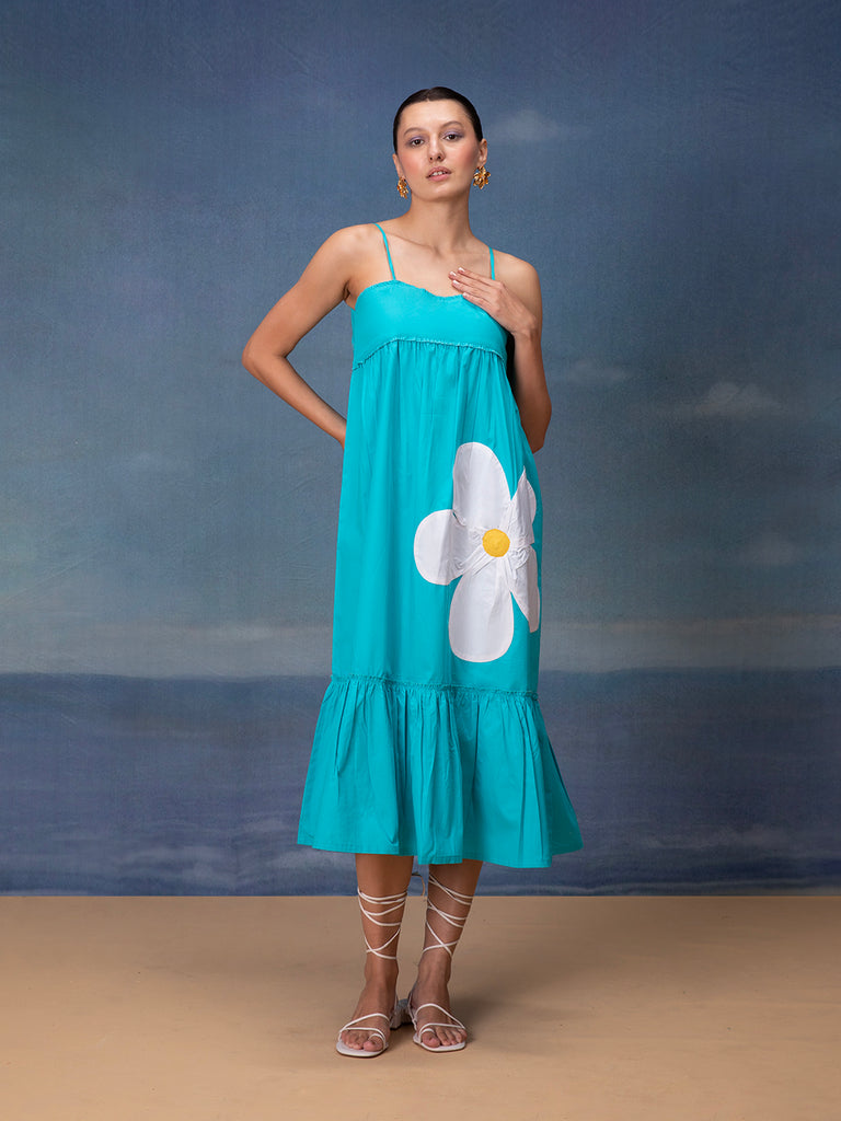 sky blue midi dress for women with floral patch 