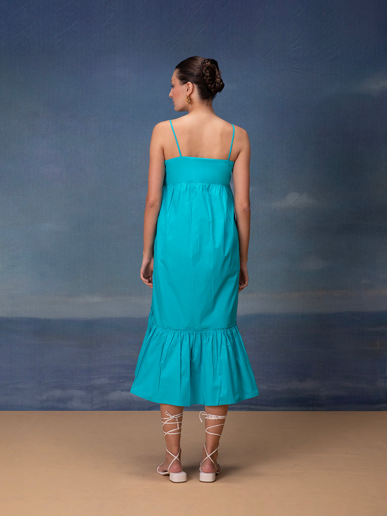sky blue midi dress for women with white flower patch 