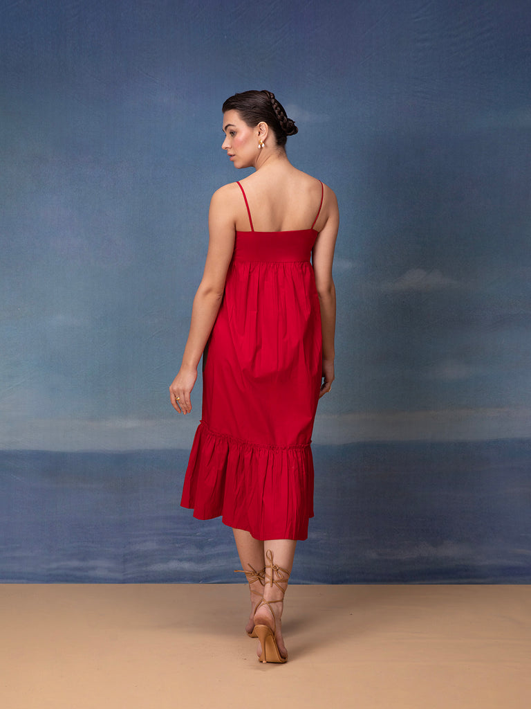  sqaure neck red midi dress for women