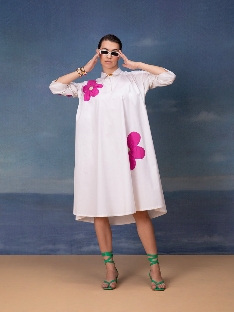 white midi dress with pink floral patchwork