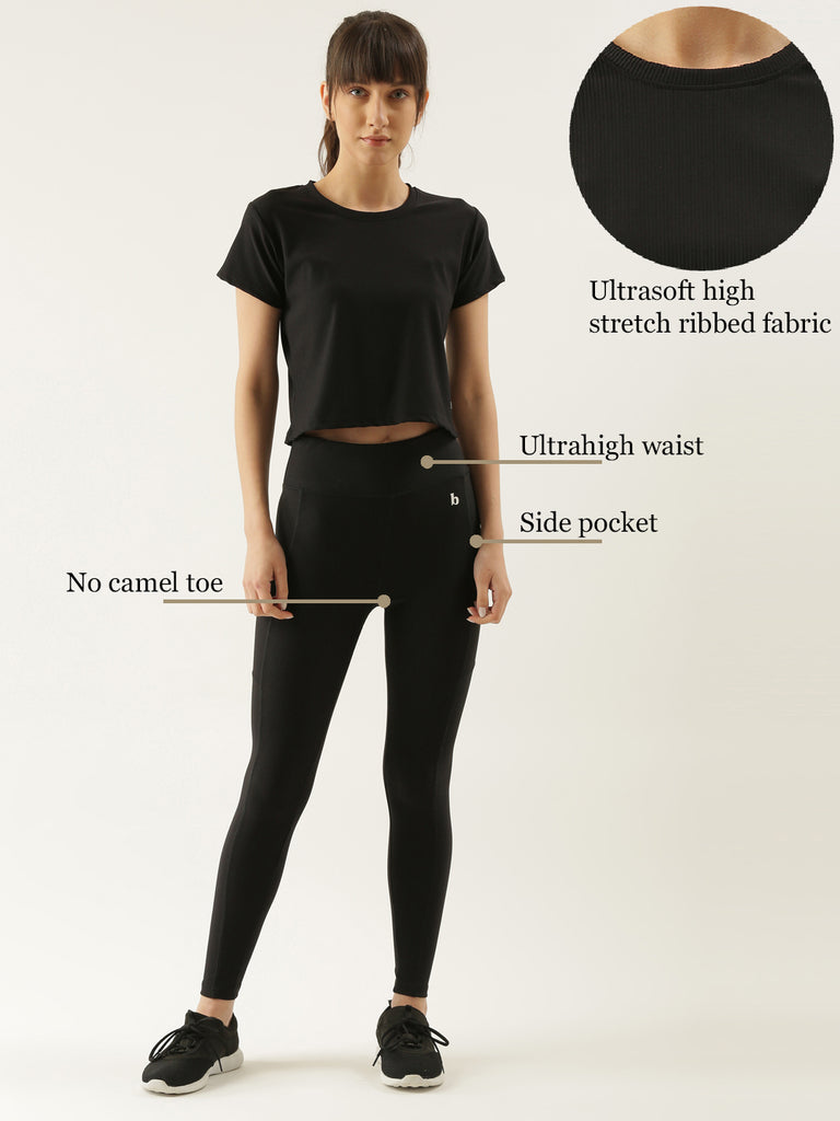Ribbed Black Active Tee & Highwaist Tights Co-ord Set-ACTIVE CO-ORD-Bannoswagger