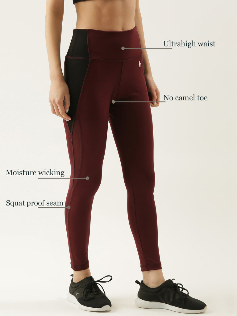 Women Solid Wine Tights With Blocking Detailing-Active Lower-Bannoswagger