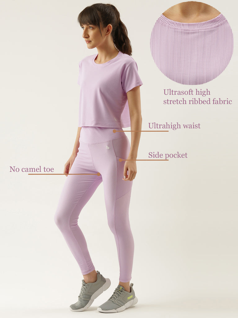 Ribbed Lavender Active Highwaist Tights & Crop Top Co-ord Set-ACTIVE CO-ORD-Bannoswagger