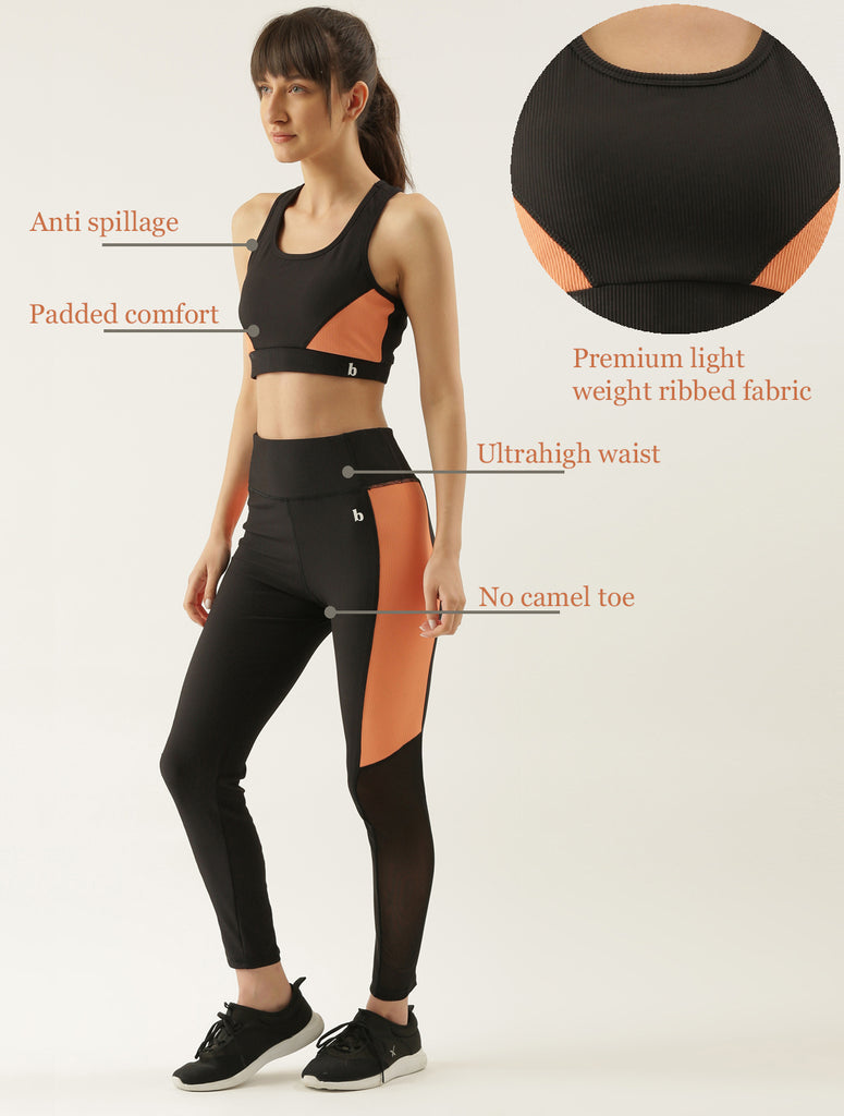 Ribbed Black & Coral Active Highwaist Tights & Sport Bra Co-ord Set-ACTIVE CO-ORD-Bannoswagger