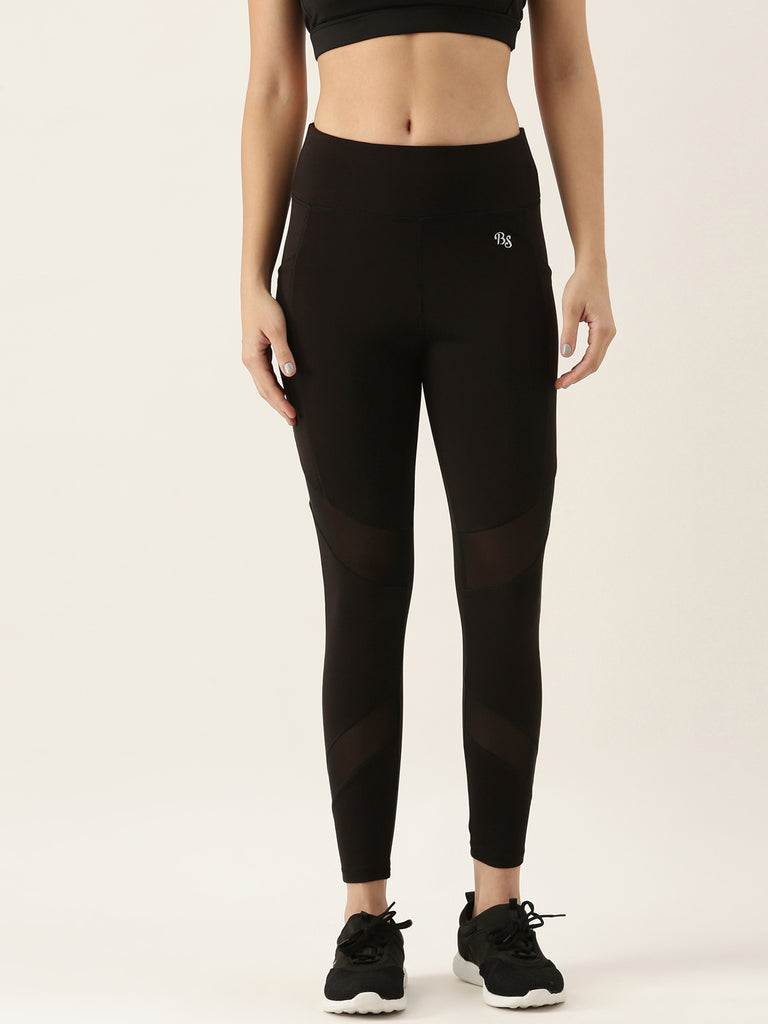 Black High Waist Workout Tights With Mesh-Active Lower-Bannoswagger