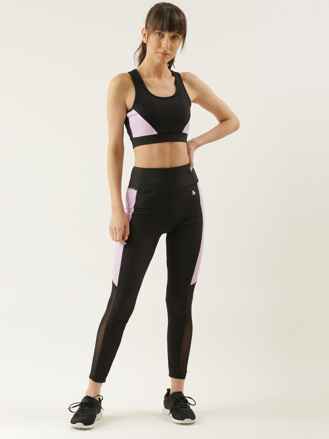 Ribbed Black & Lilac Highwaist Tights And Sports Bra Co-ord Set