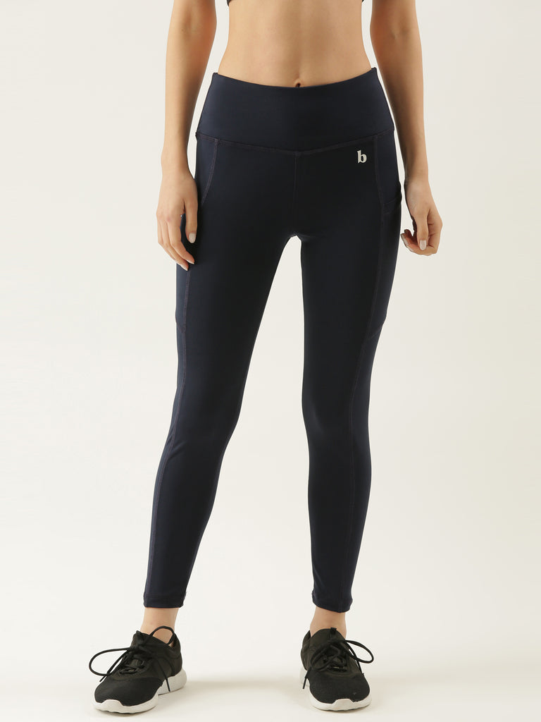 Women Solid Navy Blue Tights With Side pocket Detailing-Active Lower-Bannoswagger