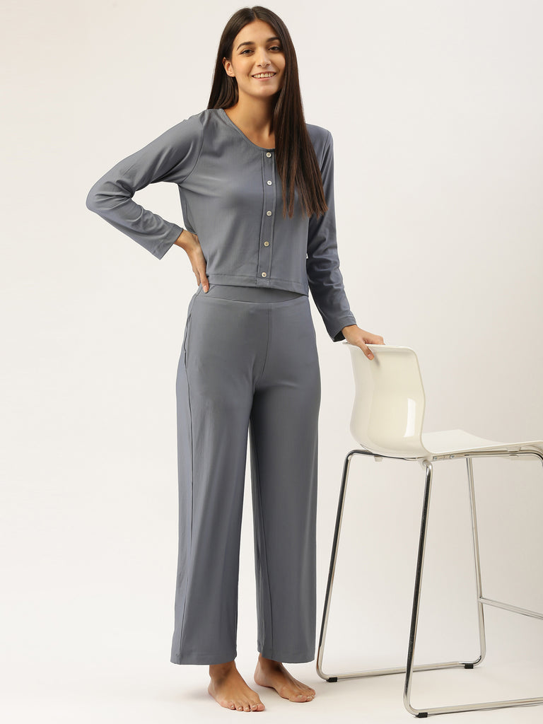 Women Grey Solid Night Suit-ATHLEISURE-Bannoswagger