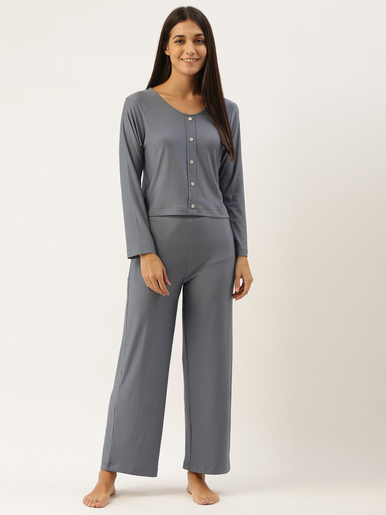 Women Grey Solid Night Suit-ATHLEISURE-Bannoswagger