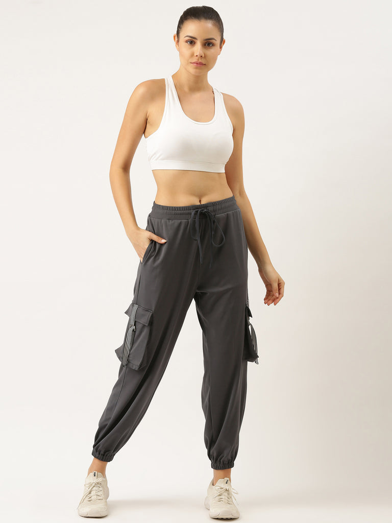 Women Solid Grey Track Pant With Pocket Detailing-Active Lower-Bannoswagger