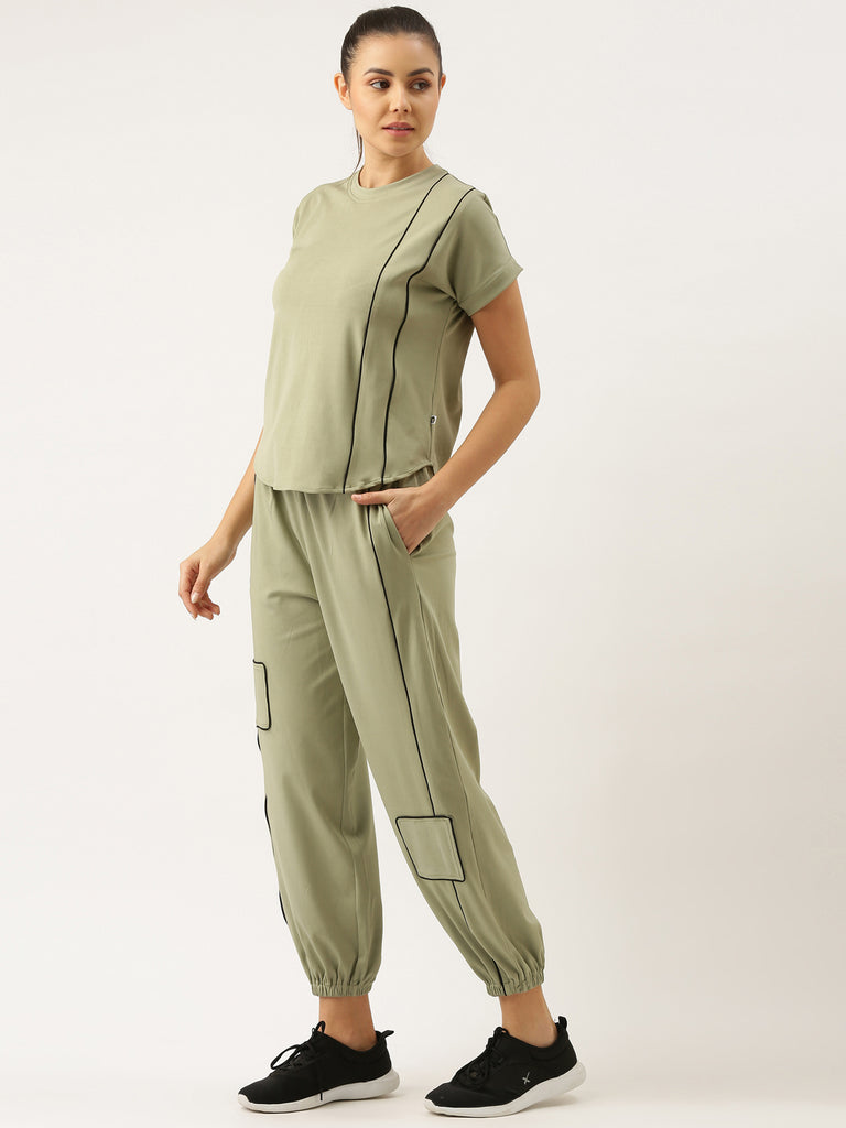 Women Solid Light Green Track Suit Set With Piping Detailing-ACTIVE CO-ORD-Bannoswagger