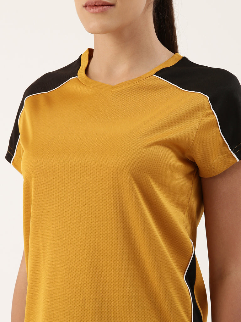 Women Solid Dark Yellow Blocking Active Running T-shirt-Super Sale 399-Bannoswagger