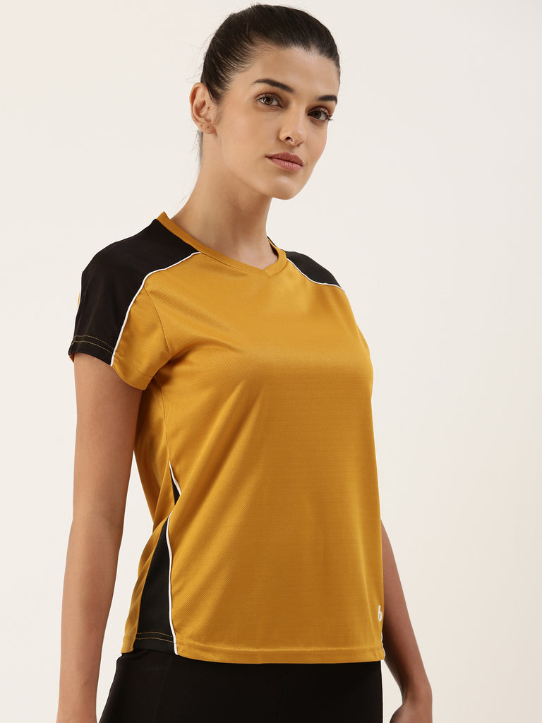 Women Solid Dark Yellow Blocking Active Running T-shirt-Super Sale 399-Bannoswagger