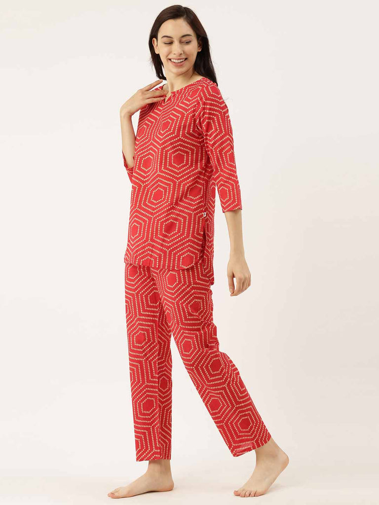 Red Abstract Bandani Cotton Printed Lounge Set Night-COORDS-Bannoswagger